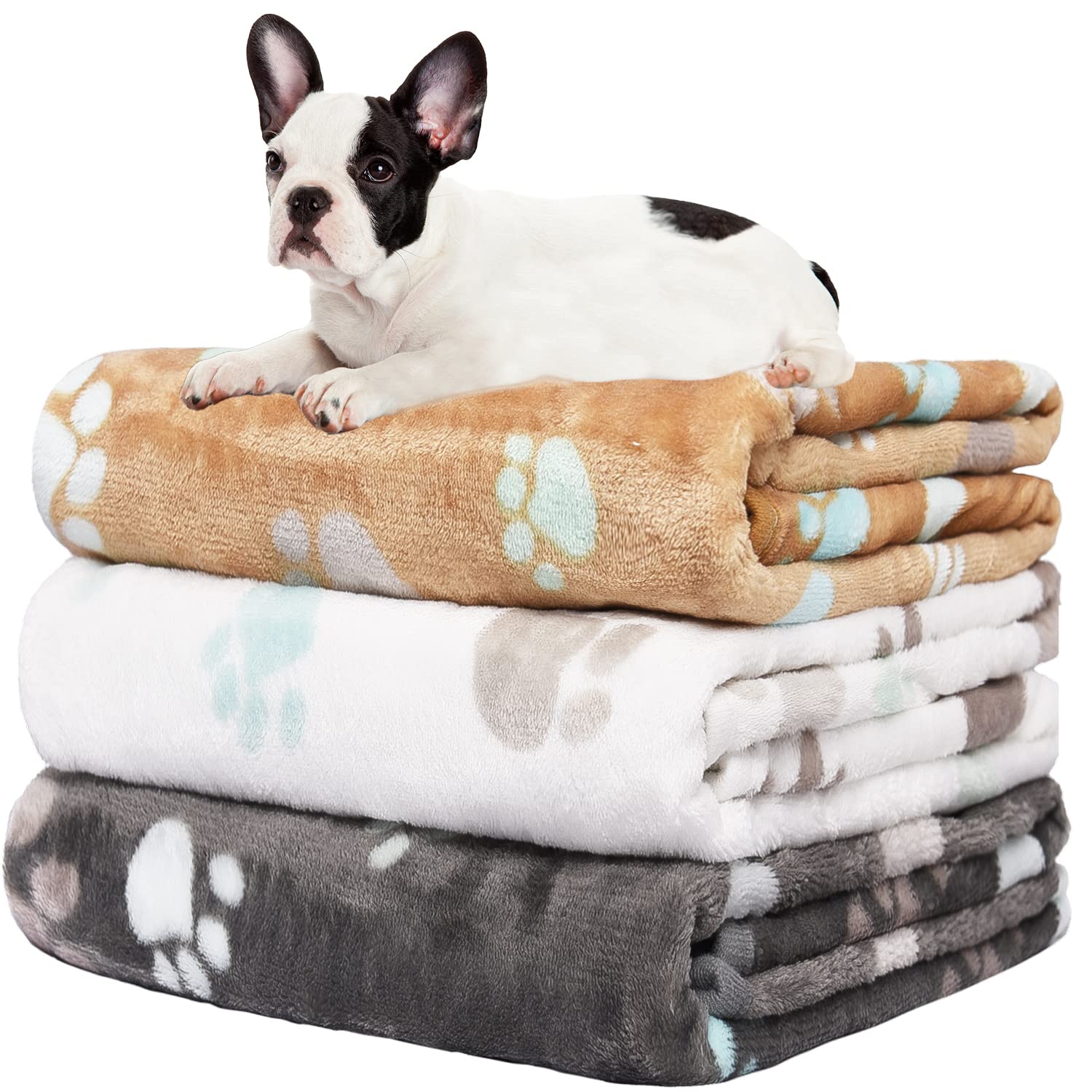 Rezutan Upgraded Dog Blankets for Medium Dogs, 3 Pack Dog Cat Blanket Washable, Soft Pet Throw Cover Suitable for Kennel Crate Bed, Cute Paw Pattern,