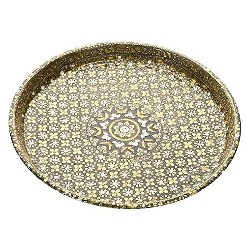 Pooja Thali Minakari Decorated Steel Plate Platter for Home Temple Rituals Festivals Pooja Aarti Wedding and Gifting (Size-11) (Design-1)