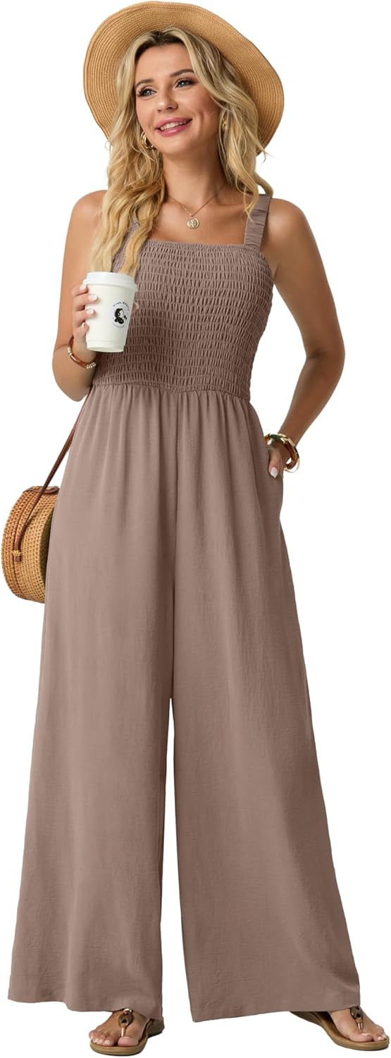 Lepunuo Jumpsuits for Women Casual One Piece Overalls Smocked Wide Leg Long Rompers With Pockets Beach Vacation - Image 2