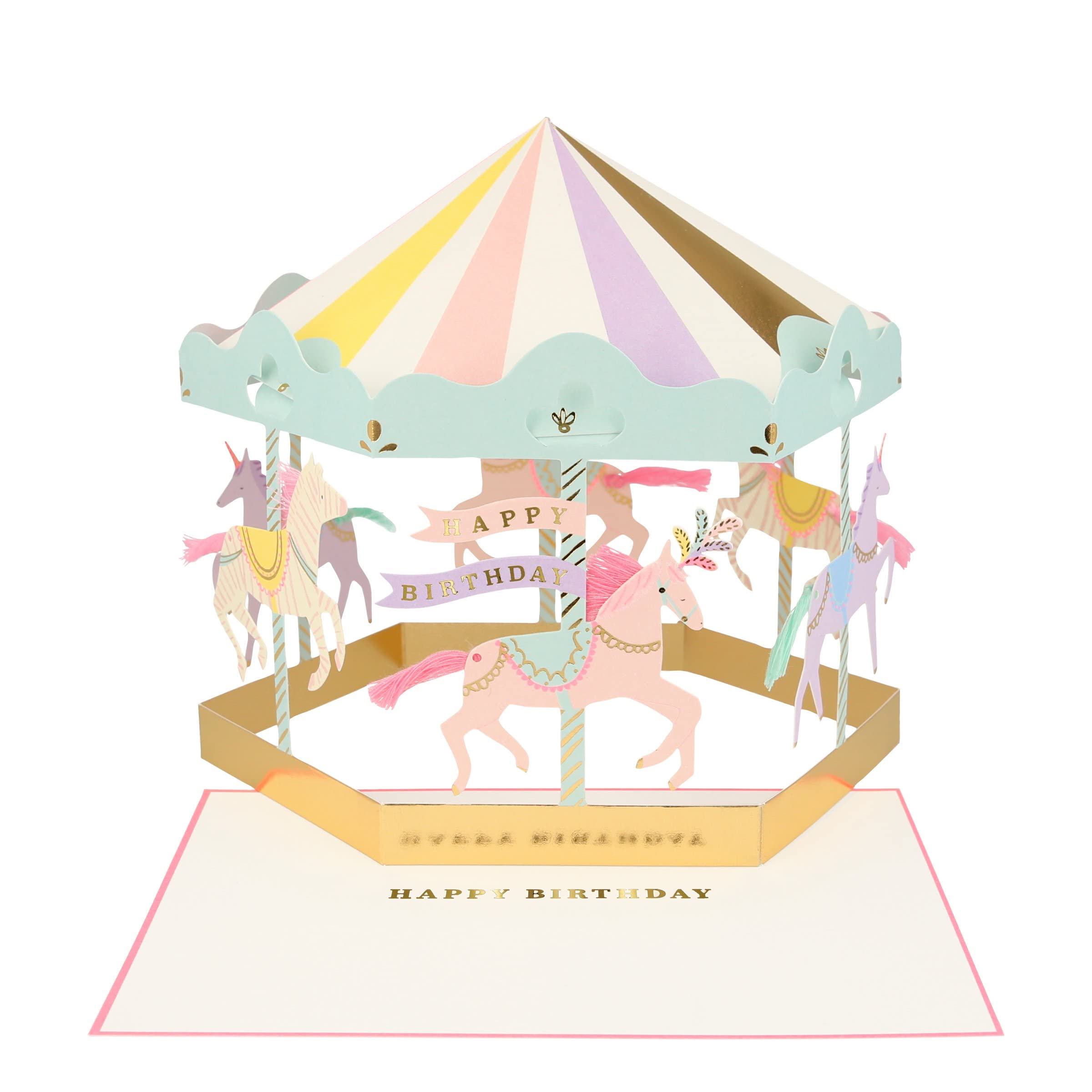 Carousel Stand-Up Birthday Card – Concertina Design with Raffia Tassels & Gold Foil Detail, Includes Pink Envelope, Unique Fold-Out Happy Birthday Greeting Card