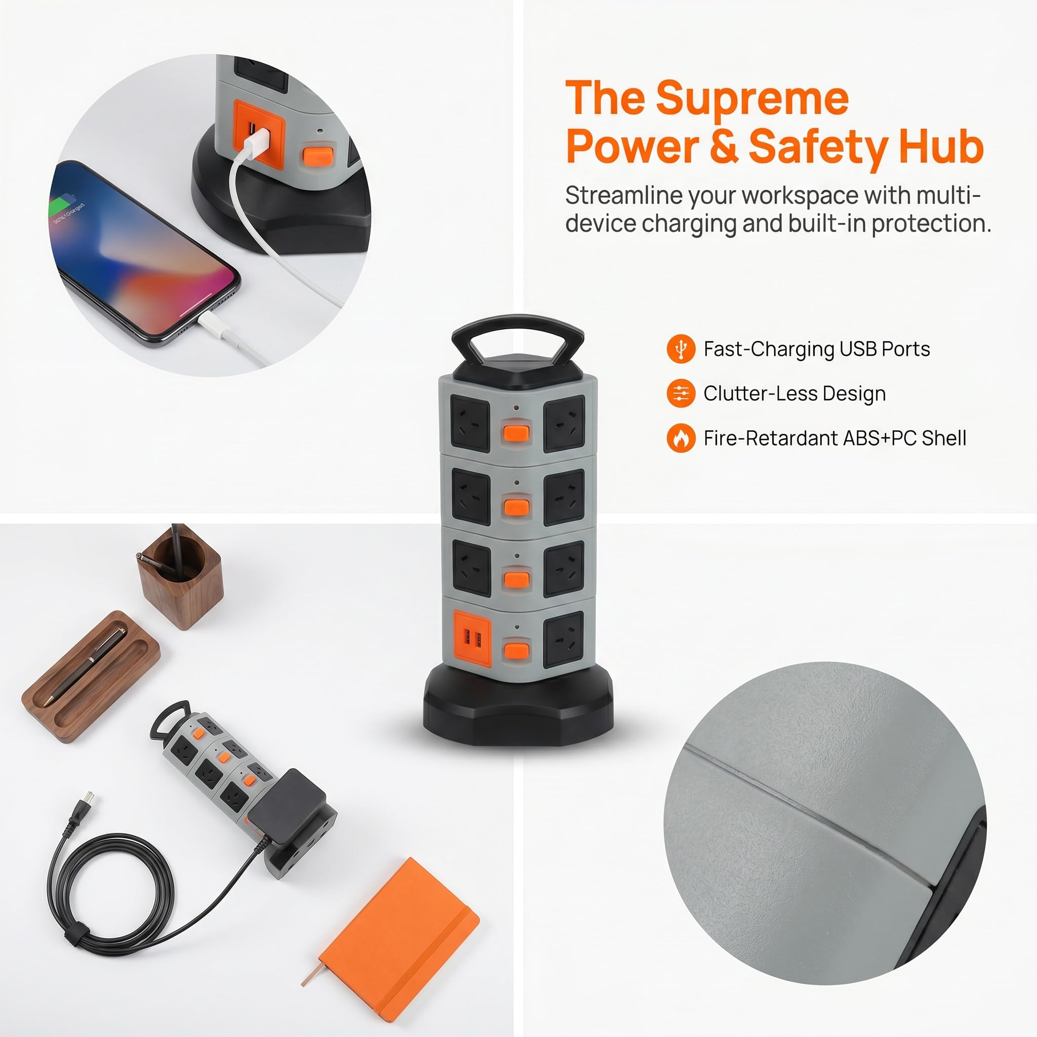 Multipresa con Protezione da Sovratensione, Dotata di 15 Prese E 2 Porte USB, Design Robusto per Dispositivi Elettronici Ed Elettrodomestici - Ideale per Casa, Ufficio E Gaming.