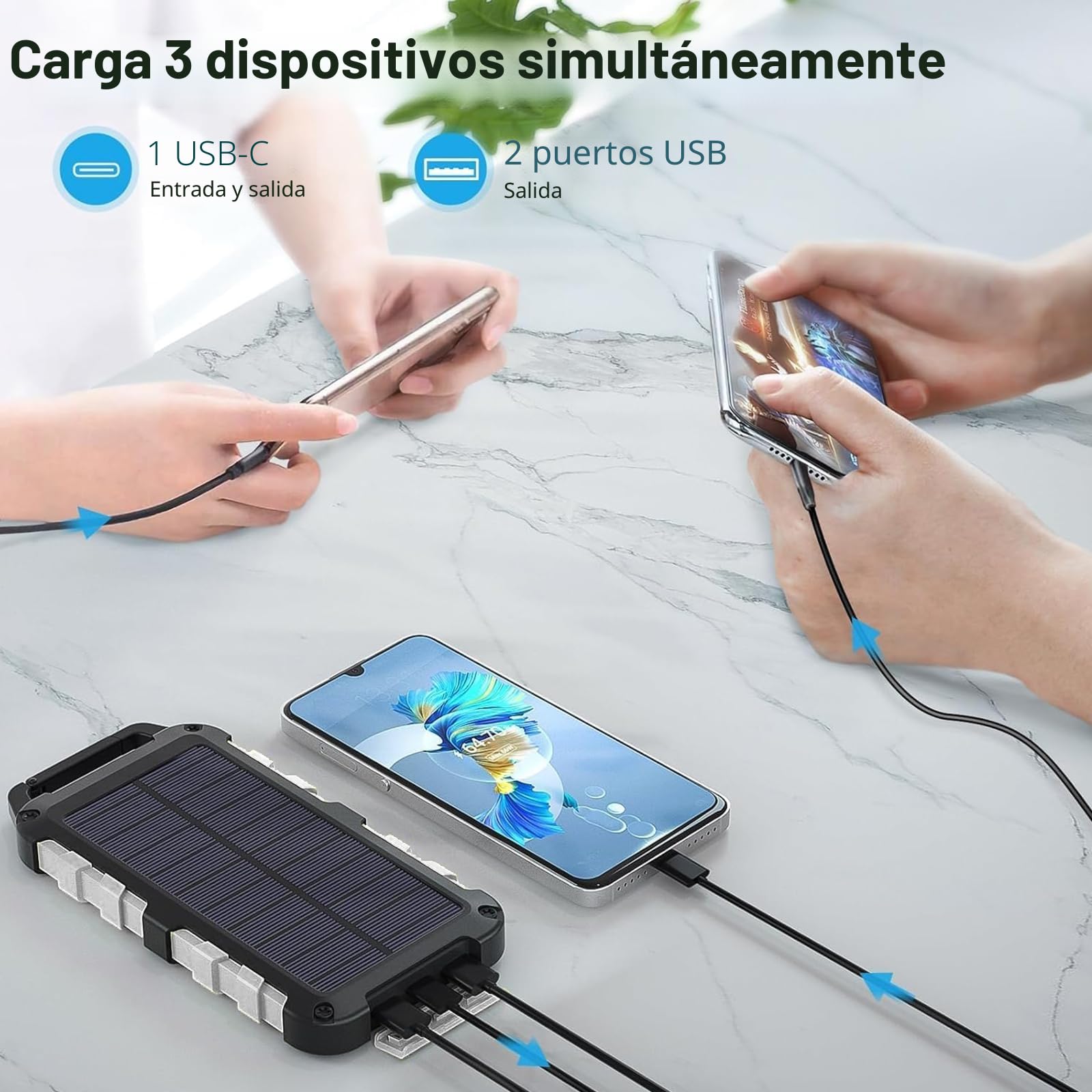 TOENNESEN Cargador Solar 26800 mAh Power Bank Solar, Bateria Externa con Carga Rápida 15 W Impermeable IPX4 2 Puertos USB + Linterna LED Compatible con Smartphones Tablets Camping y Emergencias, Gris