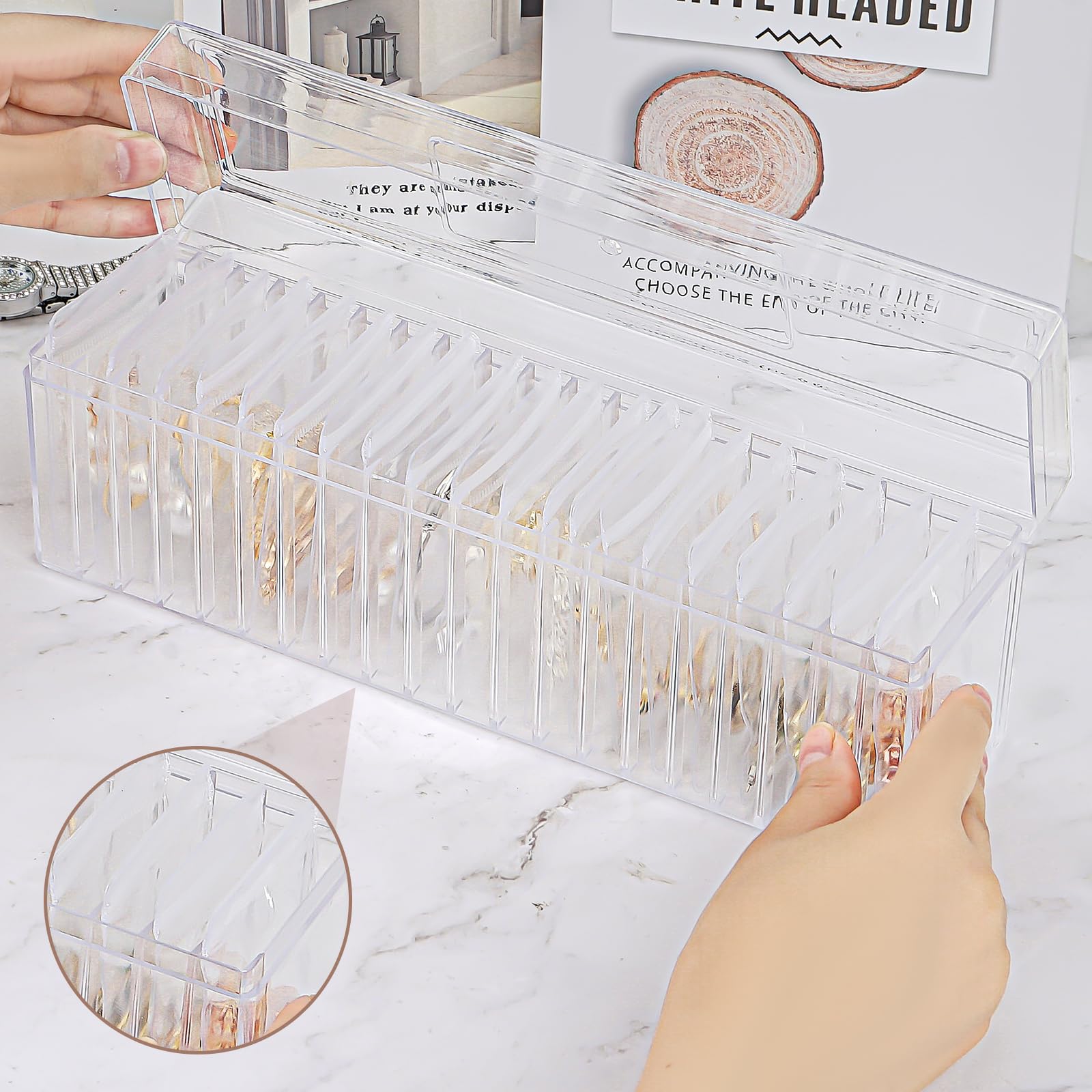 Joyero de acrílico organizador de joyas transparente con tapa, estuche de almacenamiento de viaje, para aretes, anillos, collares, caja transparente de 2 piezas, con 40 bolsas de joyería 6