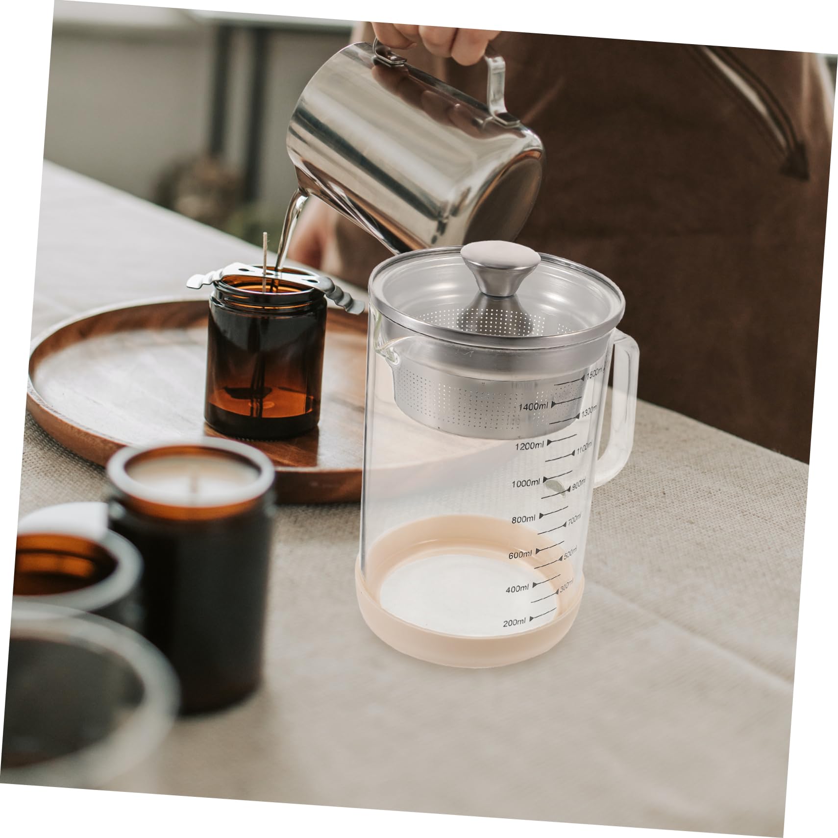 SOLUSTRE Caraffa in Vetro 1500ml Filtro a Maglia Fine in Acciaio Inox e Silicone, Utile Strumento da Cucina per Filtrare Latte di Soia e Succhi