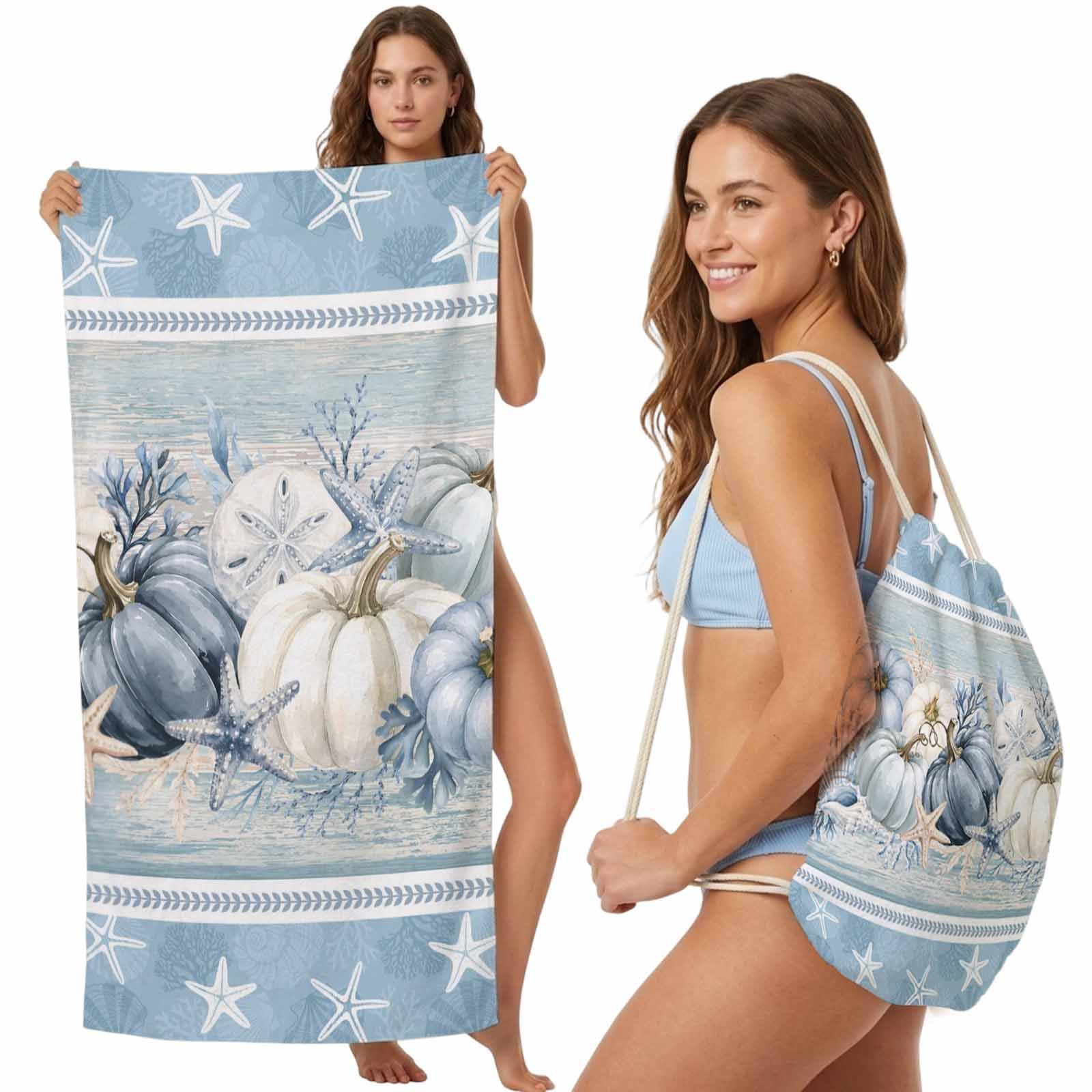 FWJZDSP 2-in-1 Beach Towel Backpack,Thanksgiving Fall Pumpkins Bath Towel with Built-in Storage Marine Life Starfish Convertible Foldable Beach Blanket for Travel Pool Gym Camping Swim,31x63in