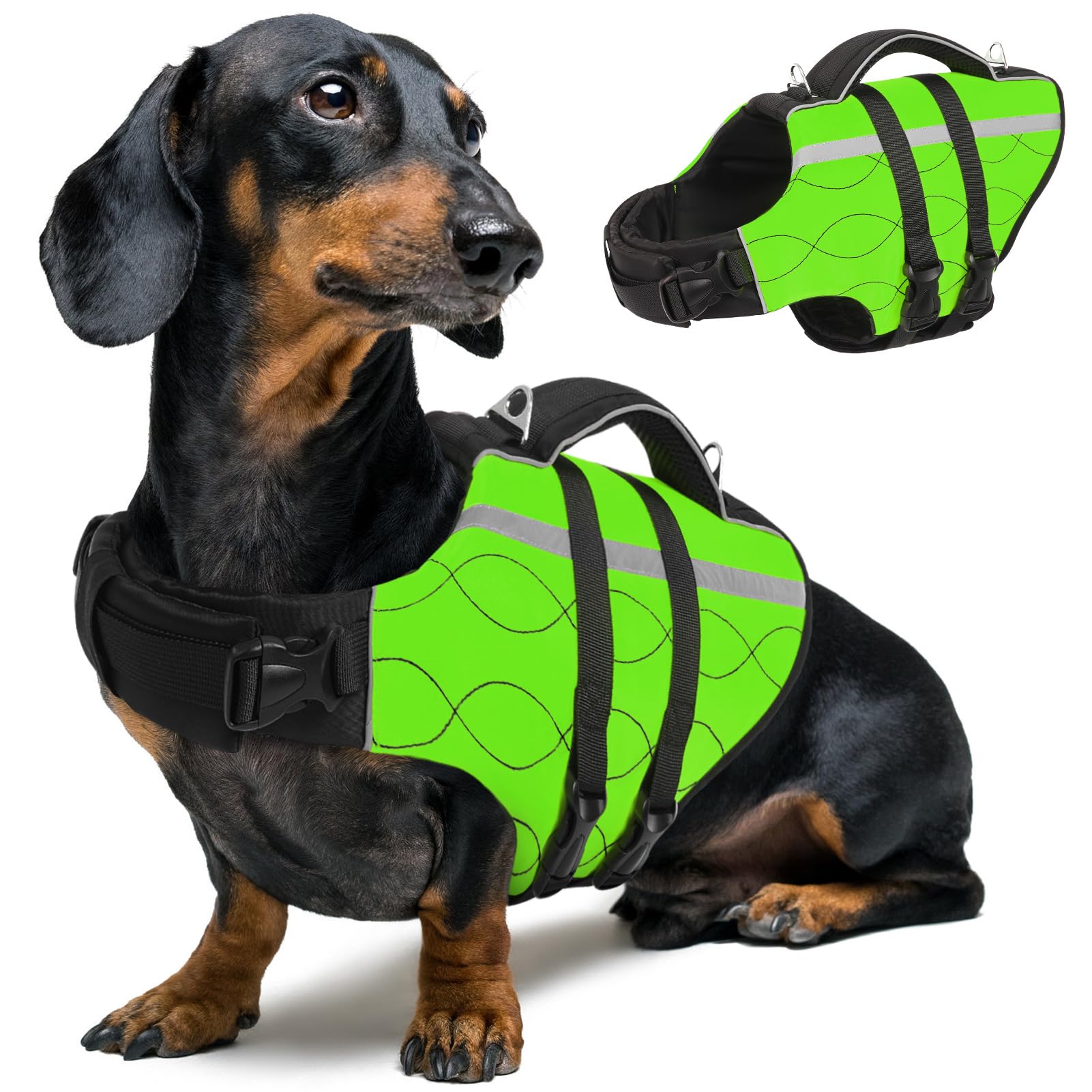 queenmore dog life jacket large,high flotation dog life vest for swimming boating,adjustable ripstop pet lifesaver for large dogs,reflective safety dogs swimming vest with rescue handle(green,l)
