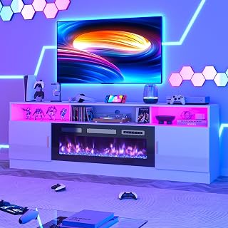 NEWTURN 70" Fireplace TV Stand with 36 inch Fireplace Up to 80" TV, Electric Fireplace Entertainment Center with LED Lights & Storage Cabinets, Modern Media Console Table for Living Room, White