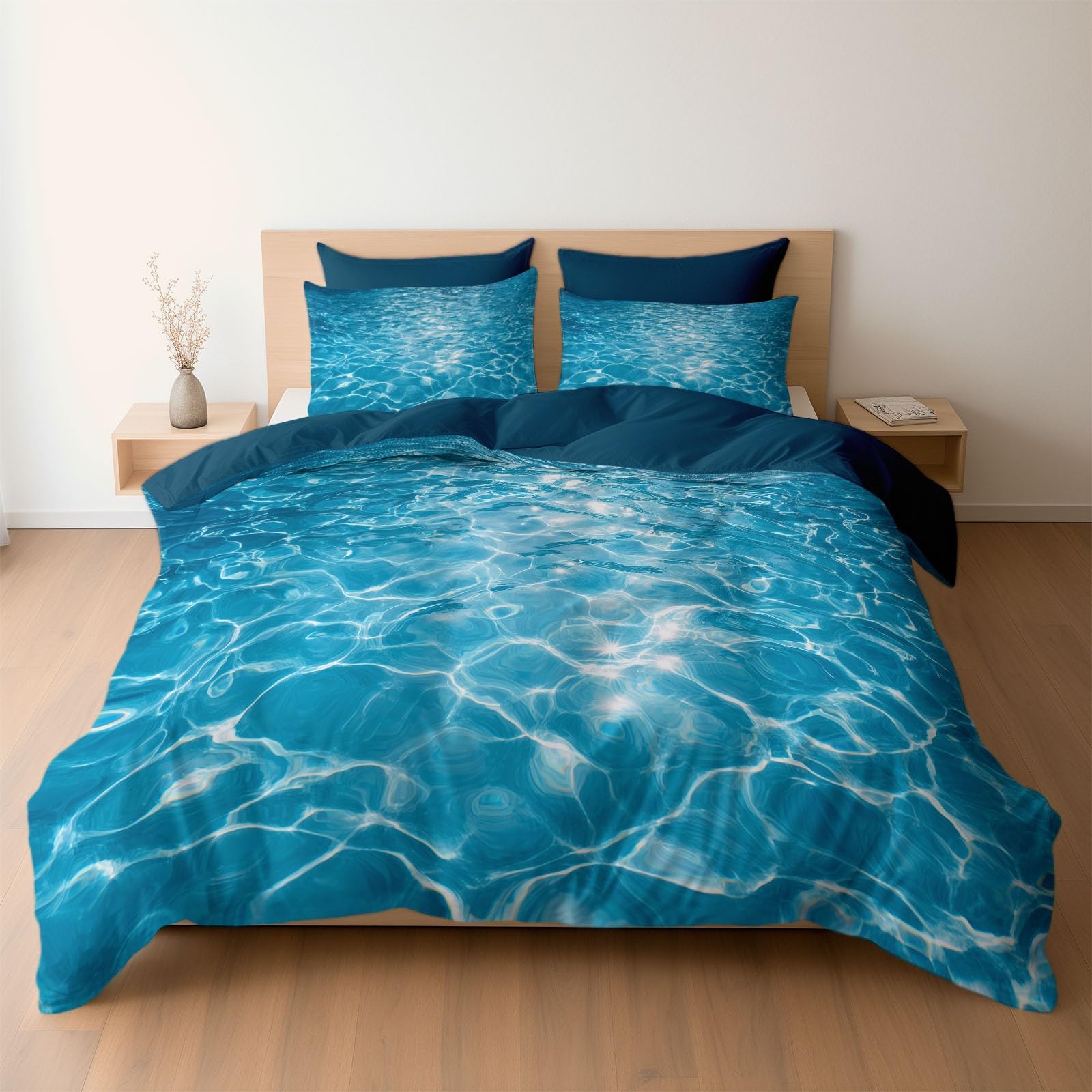 Housse de couette bleu canard microfibre brossée infroissable effet nuage