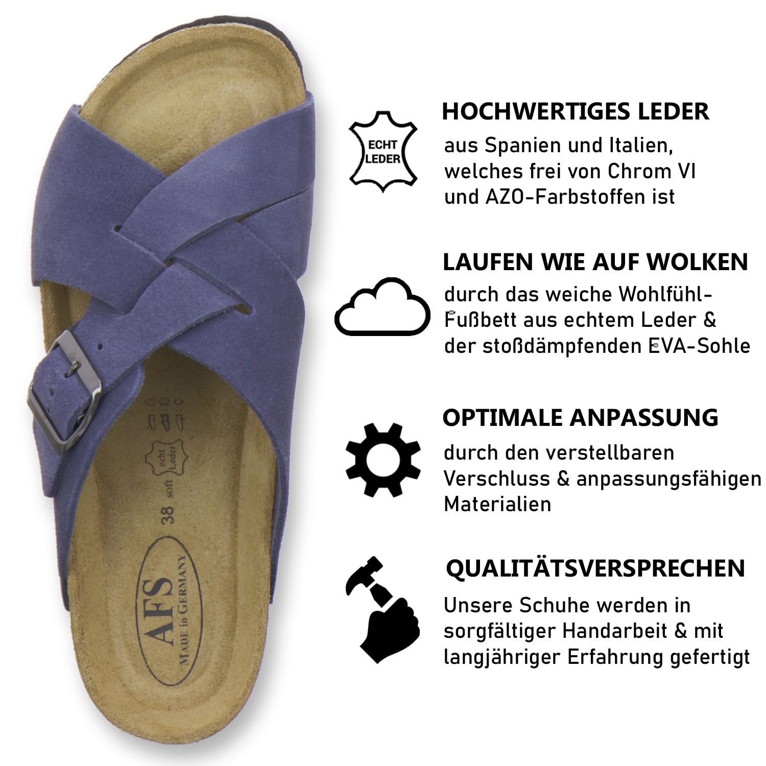 AFS-Schuhe 2141 Sandalias de mujer de piel auténtica, sandalias de verano con hebilla grande, hechas a mano en Alemania