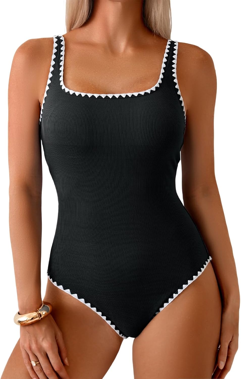 Hilor Women's Ribbed One Piece Swimsuits Tummy Control Slimming Bathing Suit Scalloped Monokini Swimwear - Image 2