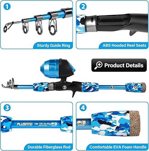 Miniatura 3 de PLUSINNO Kids Fishing Pole with Spincast Reel Telescopic Fishing Rod Combo Full Kits for Boys, Girls, and Adults Azul,Verde,Negro -,Rosado,Rojo