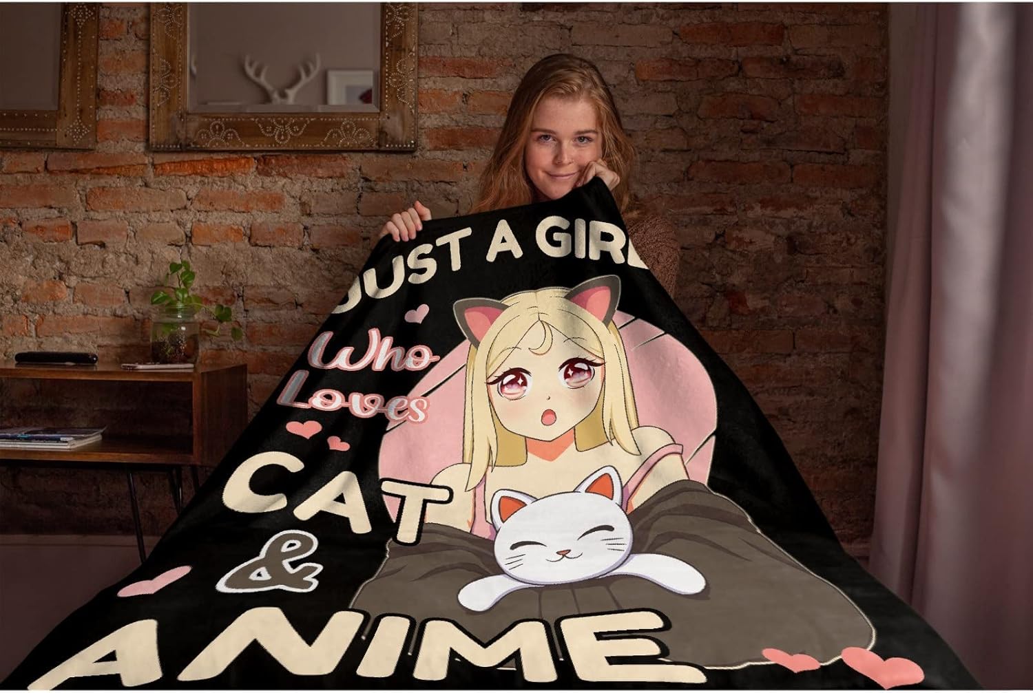 Anime Blanket Just A Girl Who Loves Anime Cat Blanket Practical Gift for Women Girls Lightweight Soft Flannel Fleece Throw Blankets for Couch Bed Sofa Large-Adult (80"X60")