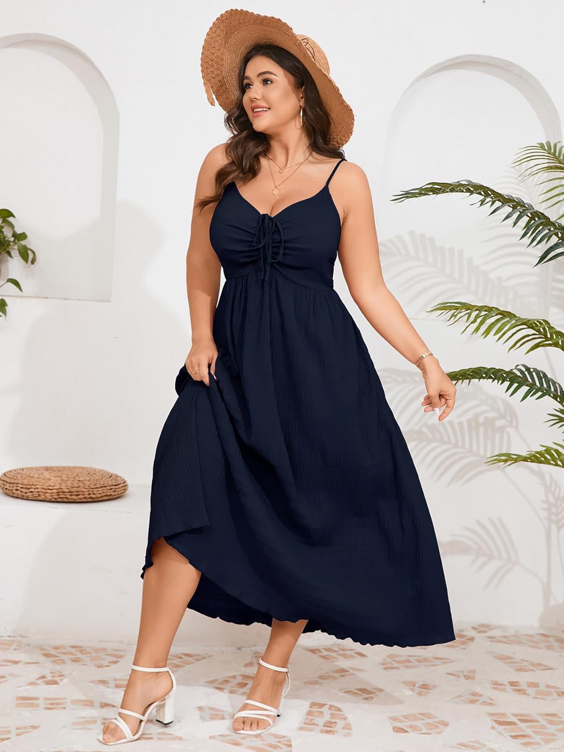 Women's Plus Size Summer Dress Spaghetti Strap Sleeveless Sweetheart Neck Swing A Line Maxi Long Dress - Image 2