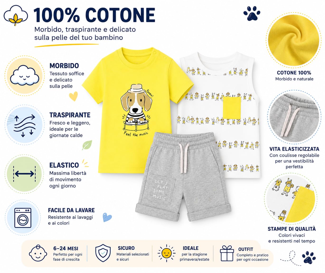 Generico Completo Neonato 3 Pezzi Estivo Cotone con Shorts 6-24 Mesi