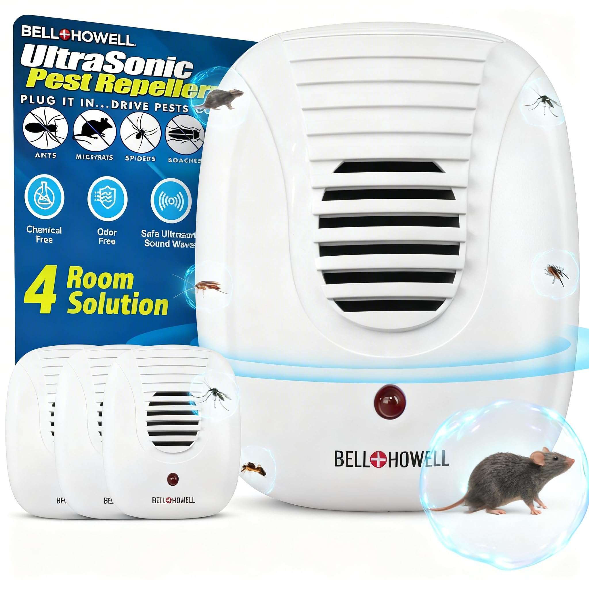 Bell+Howell 4 Pk Upgraded 2026 Ultrasonic Pest Repeller Indoor, Mice Repellent Indoor Home Kit, DIY Pest Control at Home, Plug in Spider Repellent, Rodent Repellent, Bug, Insect, Family & Pet Safe
