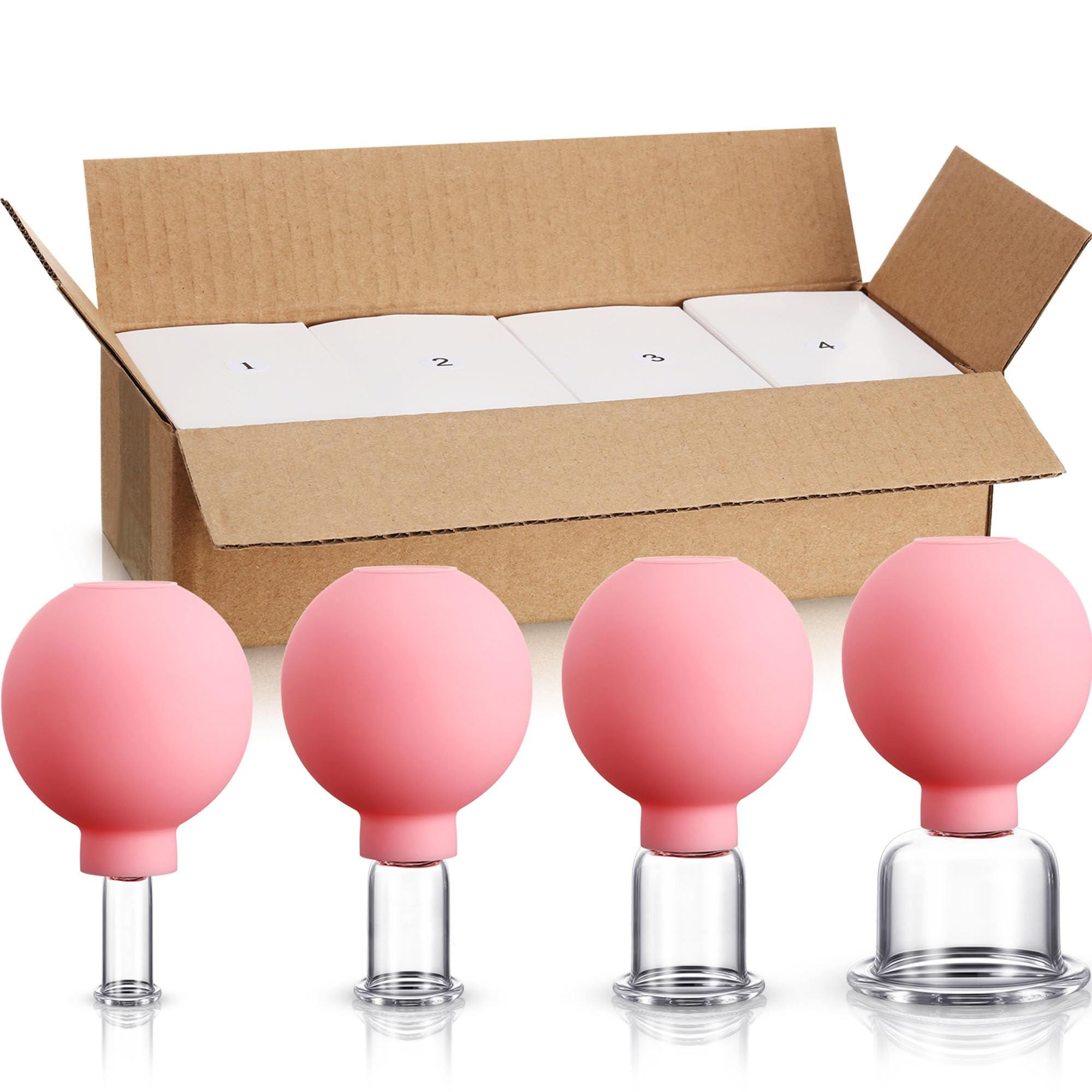 BBTO 4 Pieces Glass Silicone Cupping Cups Professional Massager Vacuum Suction Cups for Body Face Leg Arm Back Shoulder Muscle and Joint Pain (Pink)