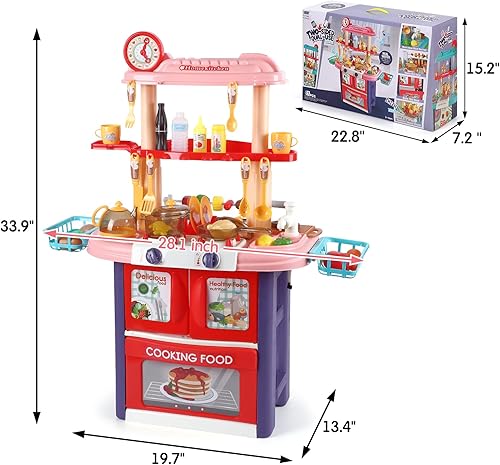 Miniatura 5 de Juego de cocina para niños, juego de cocina y parrilla 2 en 1, cocina de juguete con luz de vapor realista, fregadero de juego y comida de juego