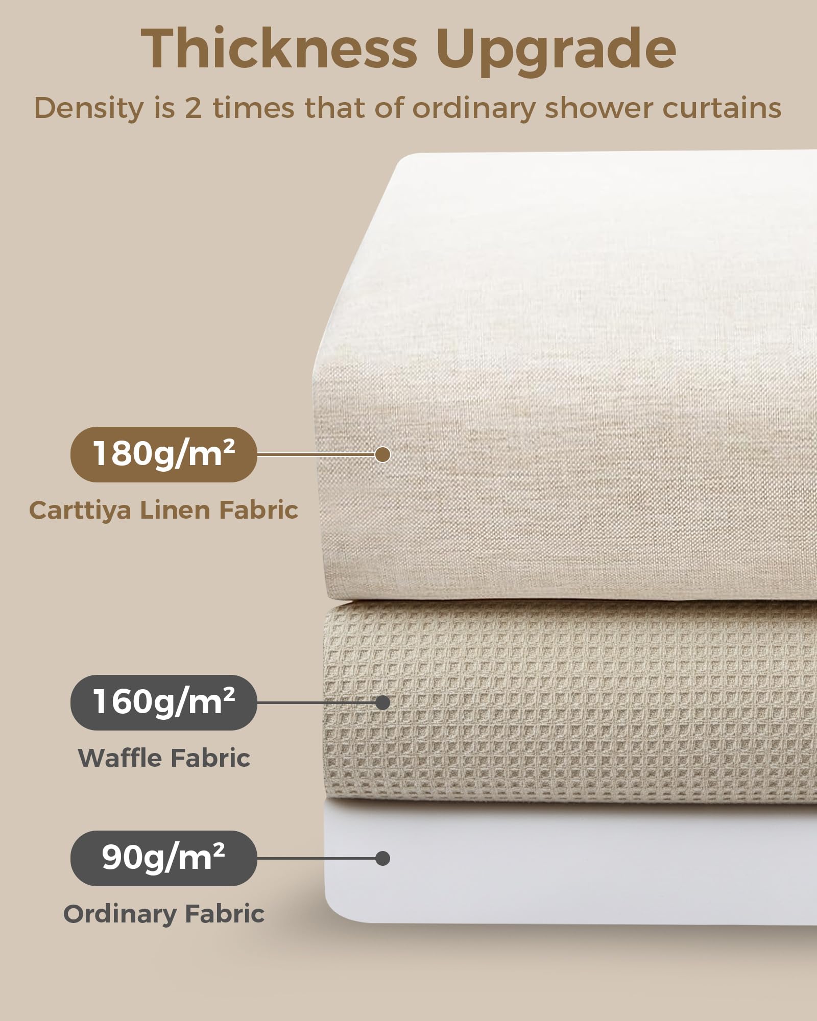Tenda da Doccia in Lino Beige 180x200 cm – Impermeabile, Antimuffa e Antibatterica, Tessuto Pesante 180GSM con Orlo Zavorrato, Lavabile Tenda da doccia, con 12 Ganci per Bagno