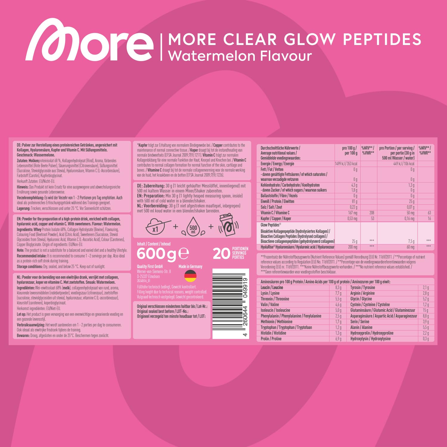 MORE Clear Glow Peptides, Wassermelone, 600 g, unterstützt Muskeln, Haut, Gelenke, Sehnen und Bänder - made in Germany