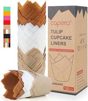 Caperci Standard Tulip Cupcake Liners for Baking 120 Counts - Greaseproof Muffin Baking Cups for Wedding Birthday Party Baby Shower Festivals Christmas Natural/White/Brown