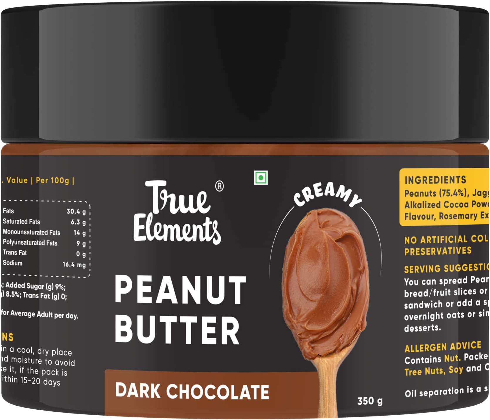 Peanut Butter Dark Chocolate Creamy 350 grams - Spreads for Bread | Loved by Kids | Made with Roasted Peanuts & No Refined Sugar