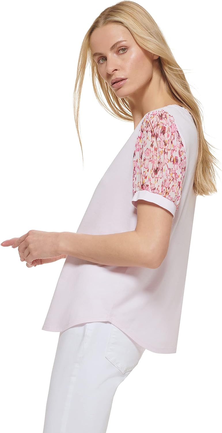 DKNY Women's Knit Body Puff Sleeve Everyday Top