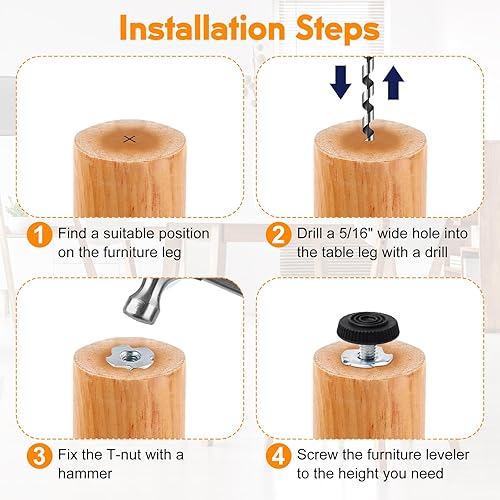 Miniatura 3 de Yinpecly 20 niveladores de muebles de rosca M6 ajustables roscados, patas de nivelación ajustables con tuercas en T, nivelador de silla de mesa,