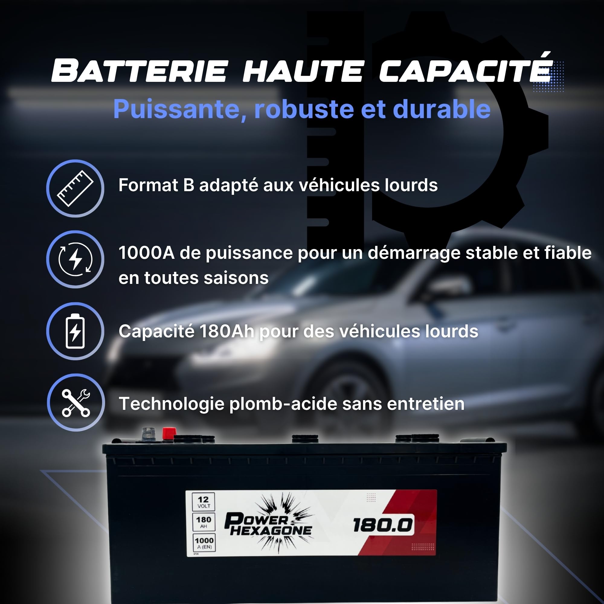 Batterie 12V 180Ah B - Démarrage 1100A - Batterie Poids Lourd Sans Entretien - Format B Compatible Camion, Engin, Tracteur - Remplacement Origine constructeur - Power Hexagone
