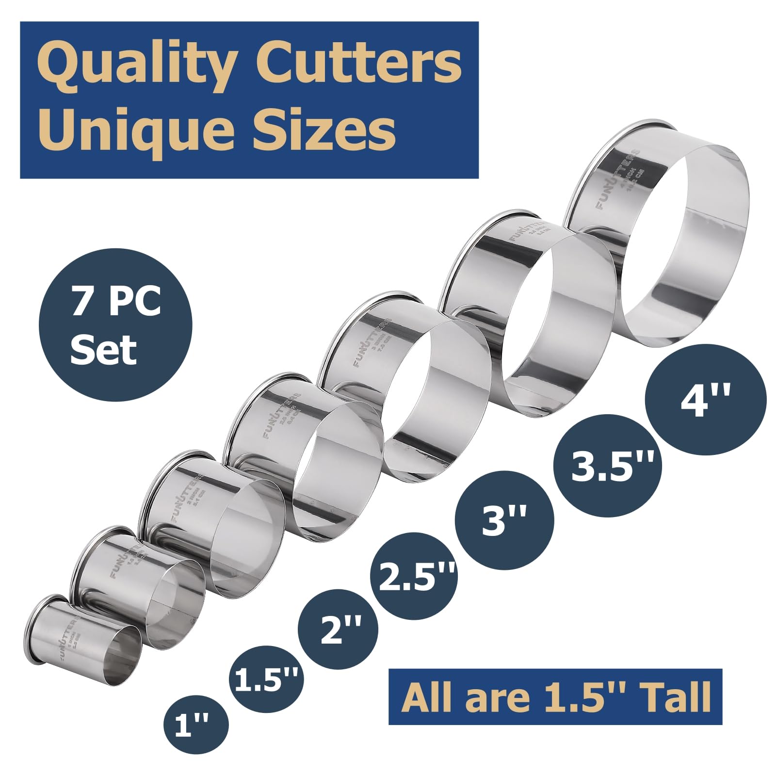 Funutters 7-Piece Stainless Steel Cookie Cutter Set - Round Baking Rings, 1" To 4" Sizes, 1.5" Depth - View #8