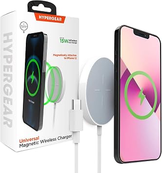 HyperGear Magnetic Fast Wireless Charger - Portable MagSafe Charging Pad, Instant Contact Charging Technology for iPhone Series - Compatible with All MagSafe Cases, Qi-Enabled Devices - White