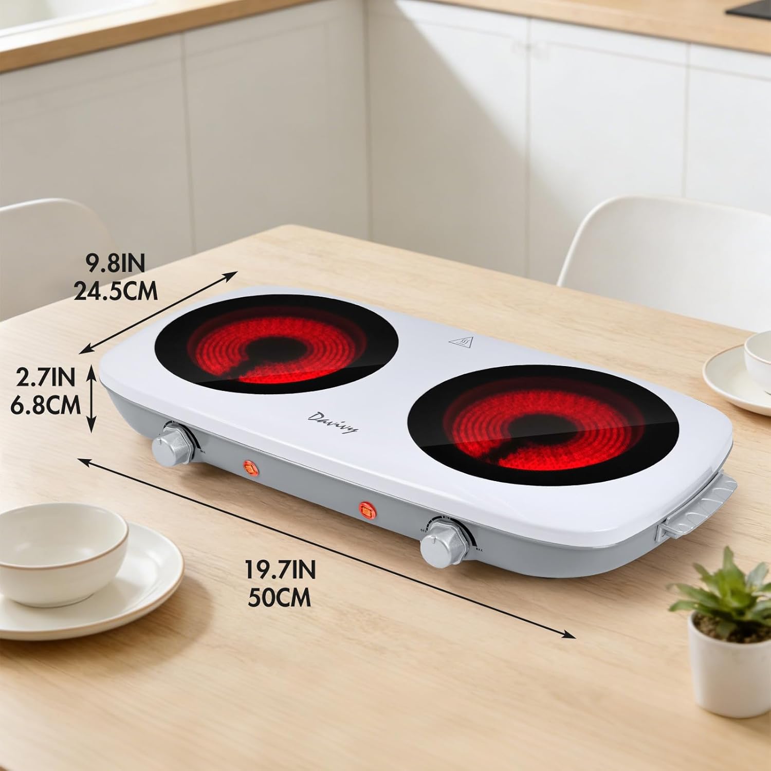 Davivy Double Burner Electric Hot Plate, 1800W (2x900W) Portable Electric Stove, 2-Burner Cooktop with Crystallite Ceramic Glass, Dual Heating Zones, Flexible Temp Control, for Kitchen, RV, Dorm