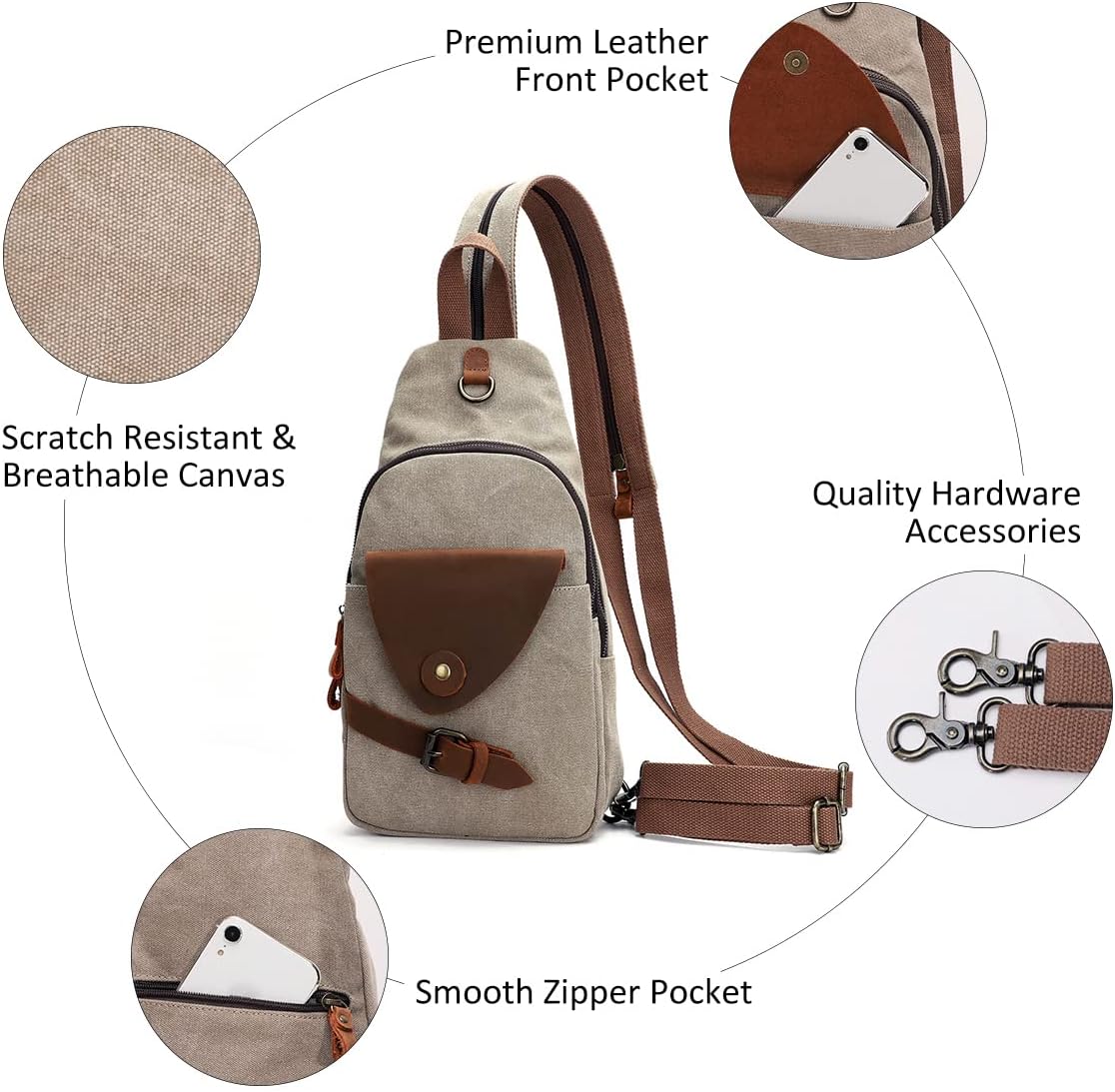 KL928 Canvas Sling Bag Crossbody Backpack Shoulder Casual Rucksack for Men Women,Khaki - Image 3