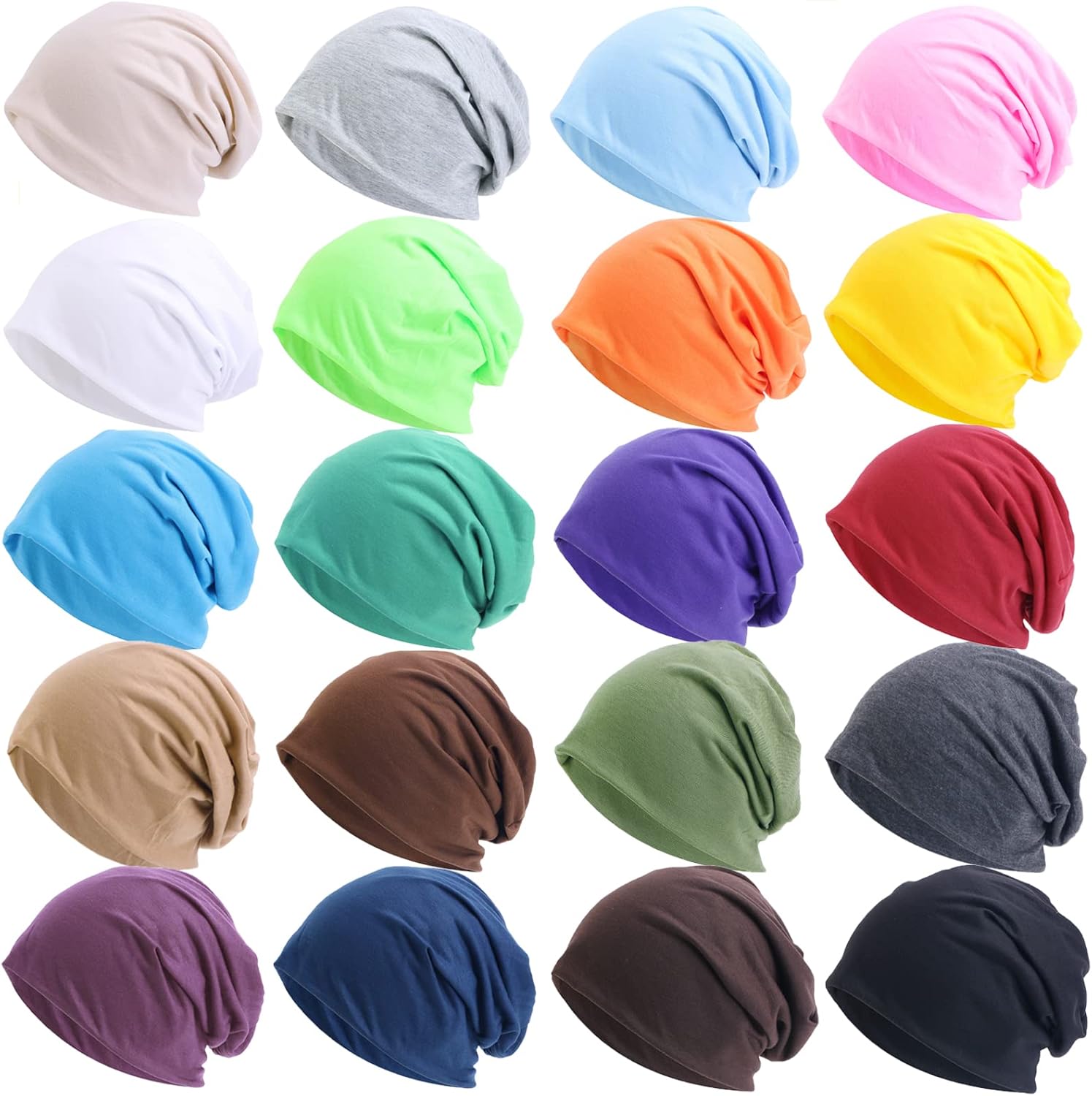 Tergy 20pcs Unisex Beanie Hats for Men Women Slouchy Beanie Hip-Hop Caps Lighweight Soft Skull Caps for Chemo Sleep Solid Color