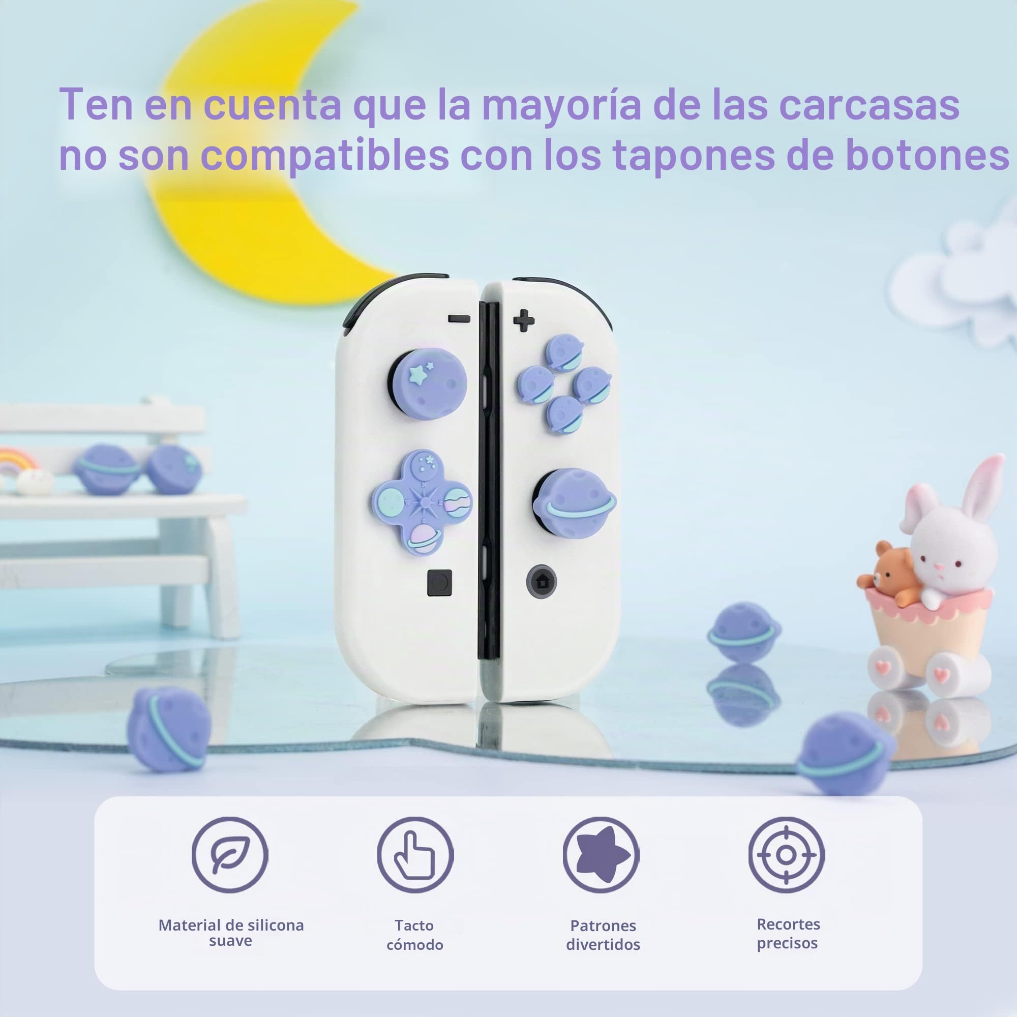 GeekShare Juego de Tapas de Botones de Joystick de Silicona con Forma de Cruz ABXY - Compatible con Switch/OLED - Happy Planet