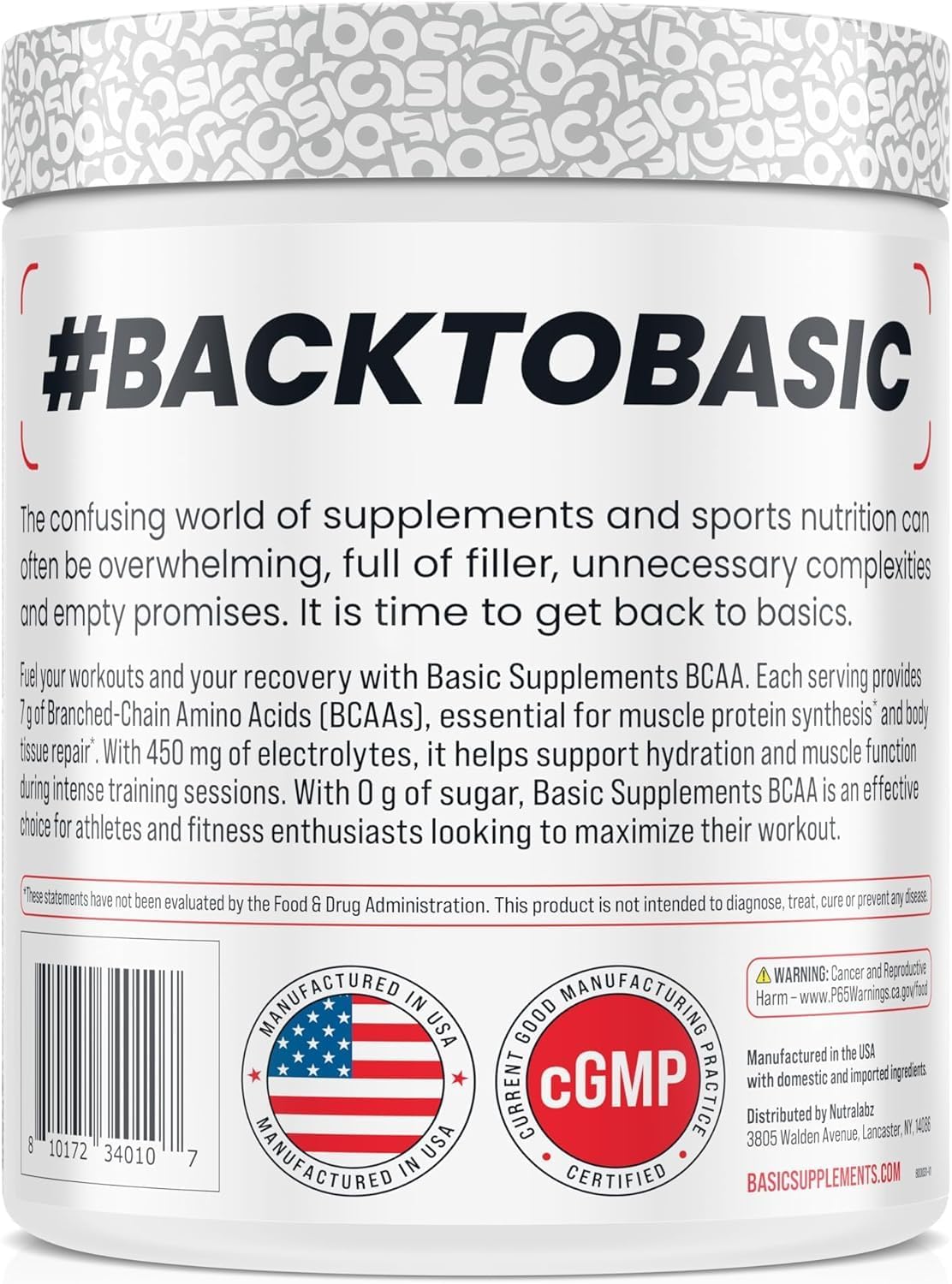 BASIC SUPPLEMENTS BCAA Powder, Instantized Formula with 7g BCAAs, 2:1:1 Ratio, 450mg of Electrolytes, Sugar-Free, Vegan, Gluten-Free, Supports Muscle Recovery
