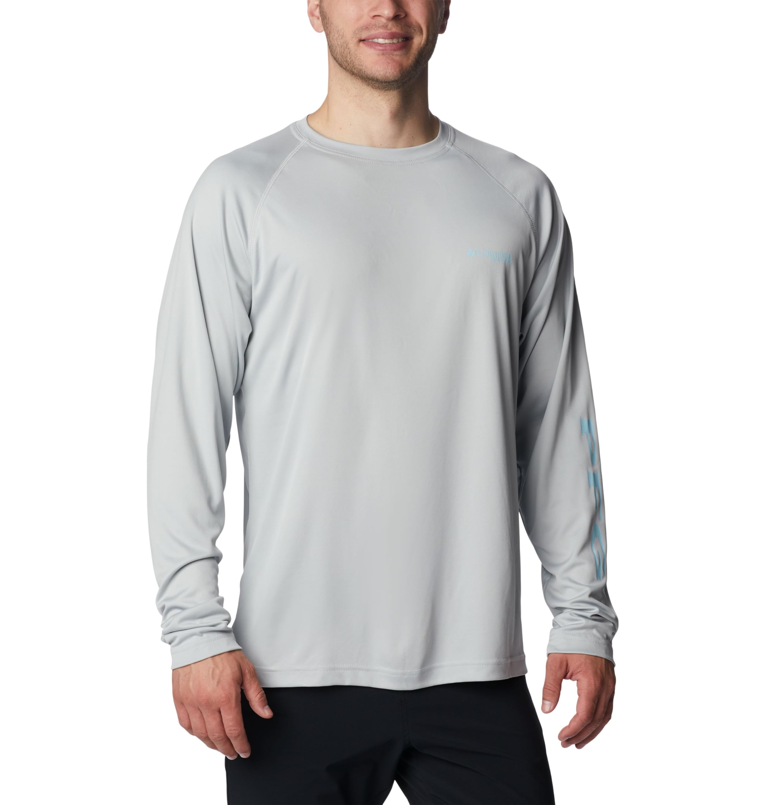 Columbia Men's PFG Terminal Tackle Long Sleeve Shirt (Cool Grey/Spring Blue Logo, Large Tall)