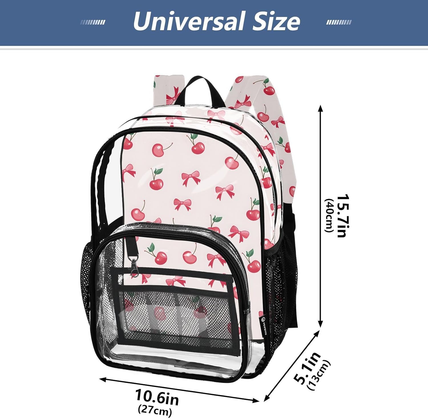 Cherry Bow Fruit Leaf Clear Backpack Heavy Duty See Through Transparent PVC BookBag for Kids Boy Girl Adult School Work
