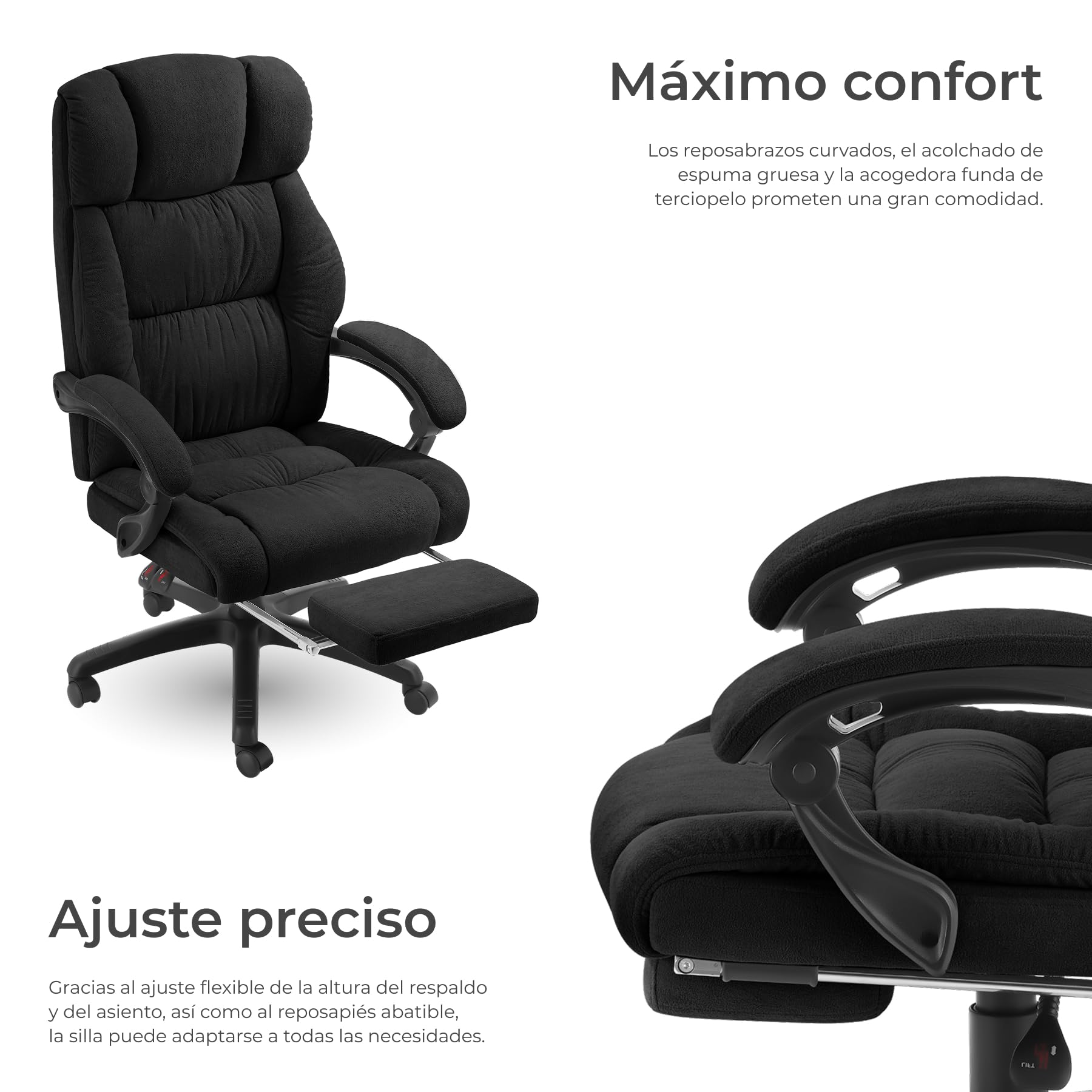tectake® Silla Oficina Ergonomica con Reposapiés Desplegable, Mobiliario de Oficina, Reposabrazos Ajustables, Sillas Oficina, Sillón, Silla Escritorio, Sillas Escritorio - Negro