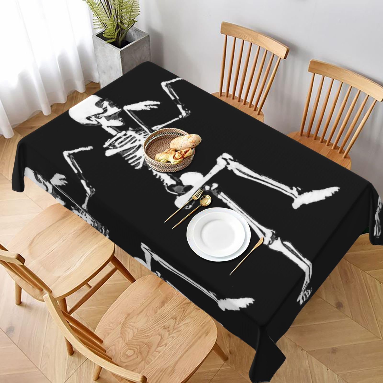 BNVSADC Halloween Posable Skeleton Skull Printed Rectangle Tablecloth 228x152 CM, Water Resistant Polyester Table Cloth Decorative Fabric Table Covers for Kitchen Dining Table Parties Camping