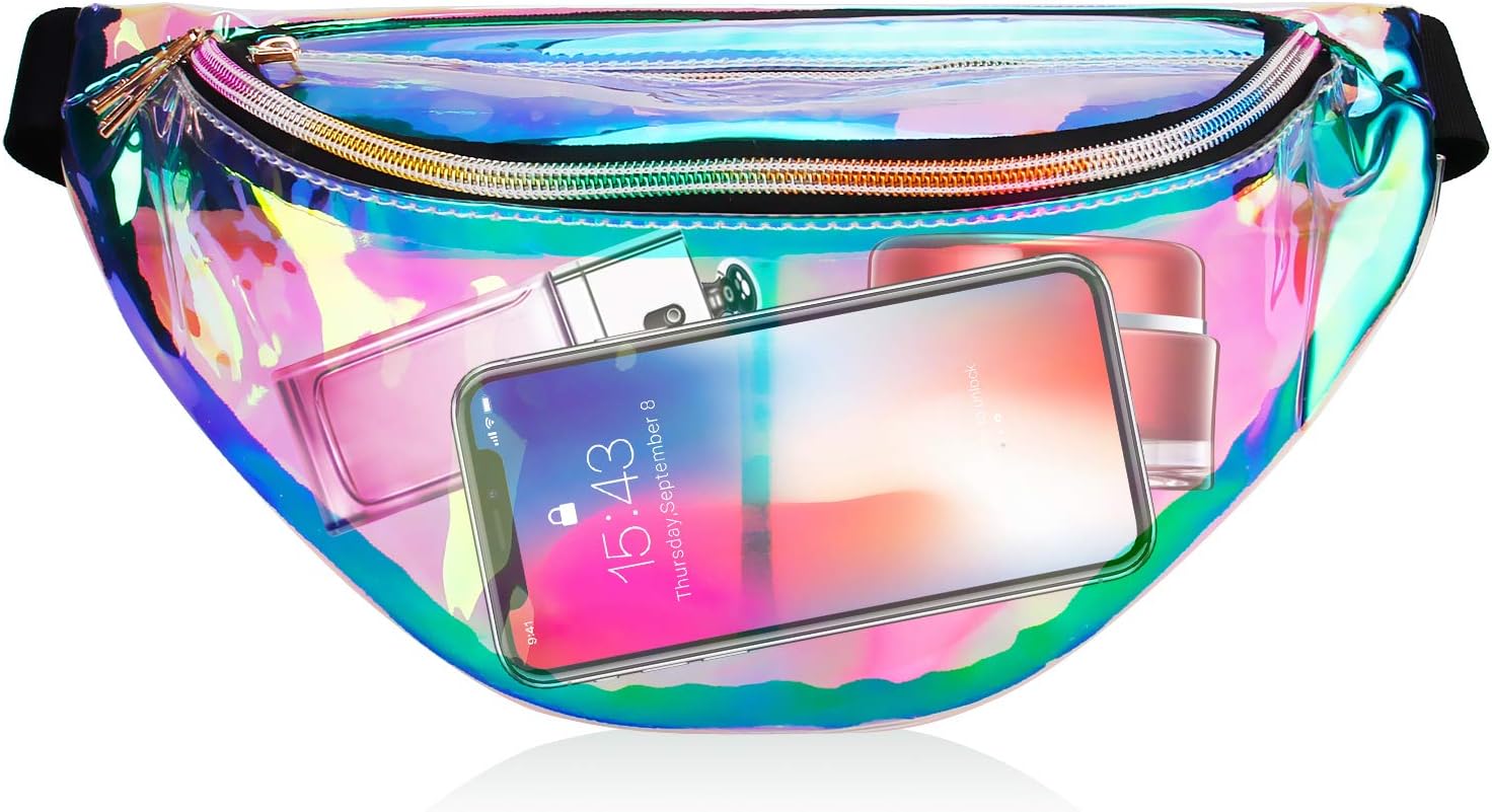Fanny Pack, Waist Fanny Pack Bum Bag for Women Men，Waterproof Waist Pack Retro Neon Fanny Bag for Festival, Rave (transparent iridescent)