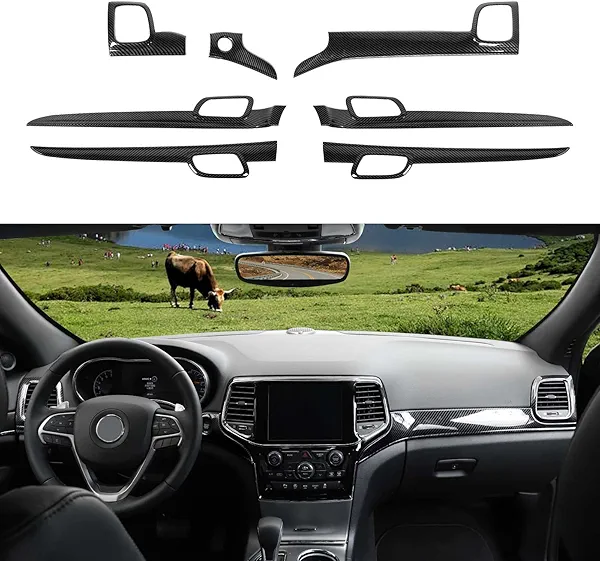 JeCar Center Console Dashboard Panel Trims Inner Door Handle Covers Interior Accessories Compatible with Jeep Grand Cherokee 2011+ WK2, Carbon Fiber Texture
