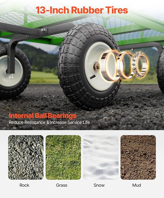 VEVOR 1200 Lbs Steel Garden Cart, Heavy Duty Pullable Garden Wagon Yard Cart, 2 in 1 Outdoor Metal Utility Wagon Yard Trailer with 13 All Terrain Tires, Mesh Removable Sides and 180Rotating Handle