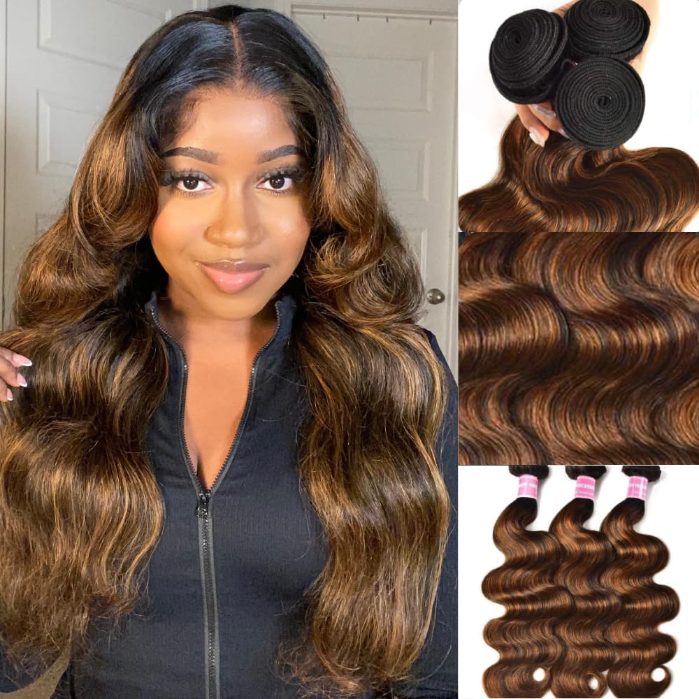 KLAIYI Ombre Brown Highlight Body Wave Human Hair Extensions 3 Bundles of 12 14 16Inch Balayage Honey Blonde Virgin Hair Weaves for Women Double Wefts Wavy Remy Hair with Dark Roots Sew In Piano Color