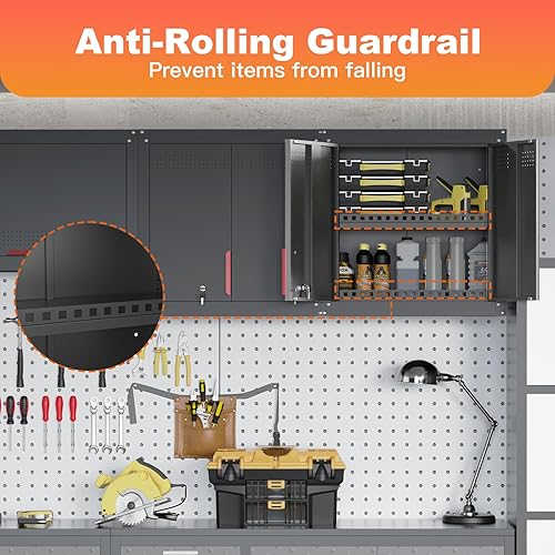 Vista 6 de Armario de pared de garaje de metal con puertas con cerradura, armario de pared de 26 pulgadas de alto con estante ajustable, armario