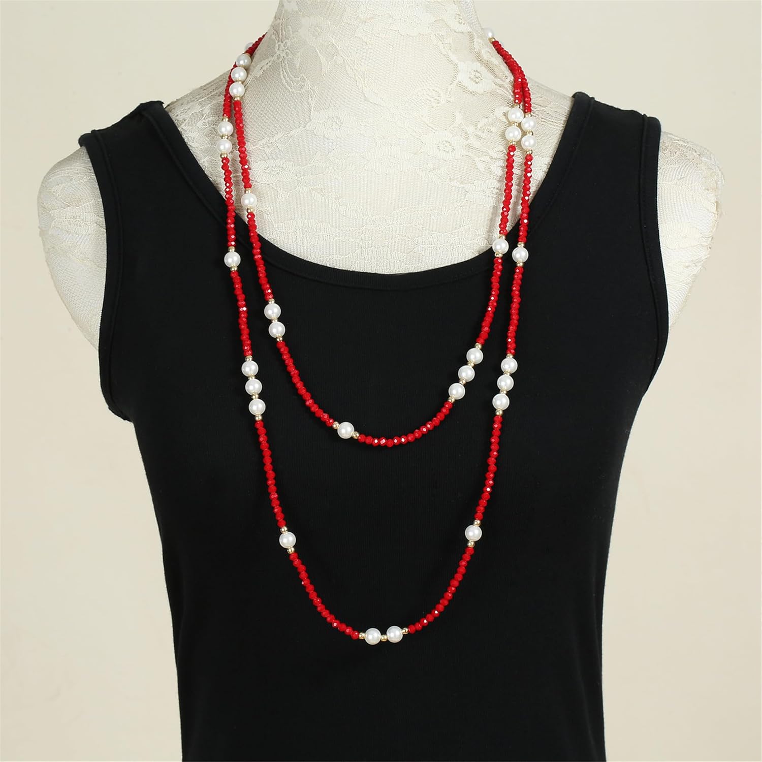 Elegant Glass Beaded Long Necklaces 60" Handmade Dainty Stone Faux Pearl Beaded Statement Necklace Fashion Gifts for Women Boho Costume Jewelry - Image 3