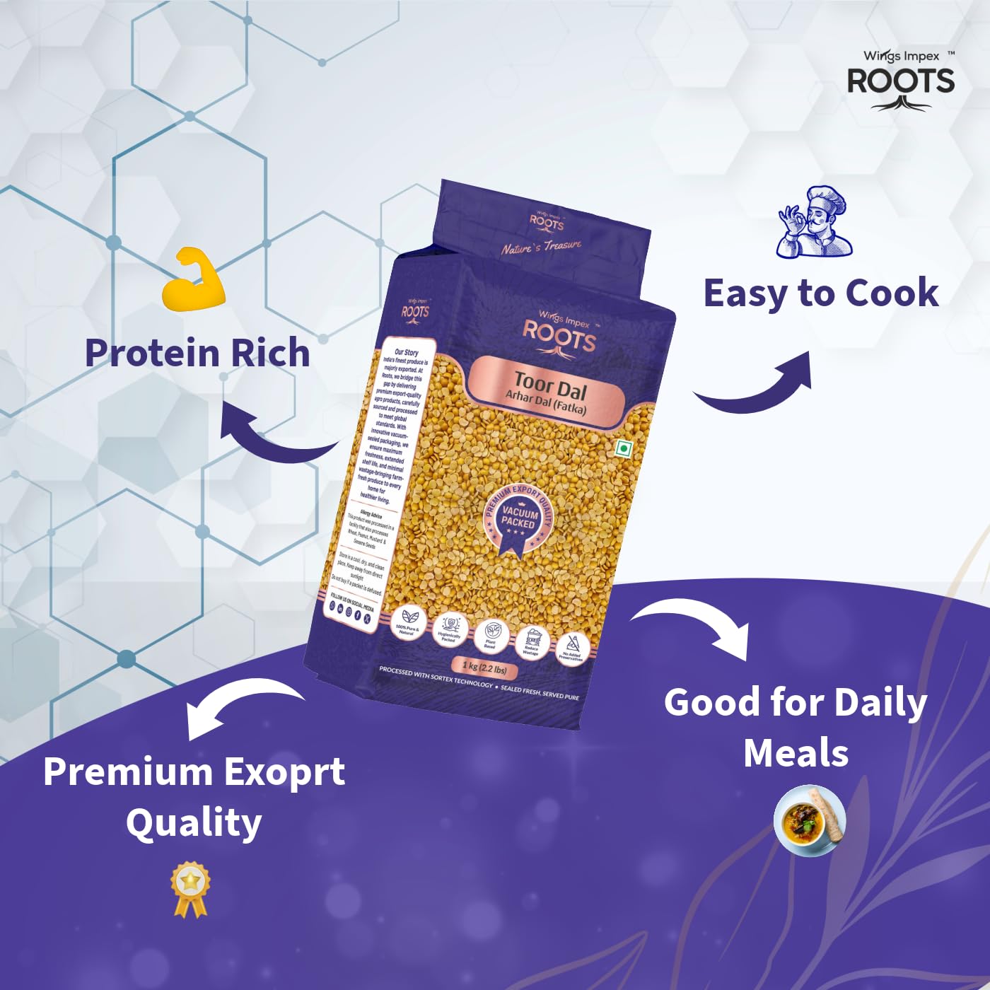 Roots Toor Dal Fatka 5 kg (1 kg- Pack of 5) | Premium Arhar Dal | Protein-Rich & Unpolished Dal | Hygienically Packed | Vacuum Packed - Image 6 thumbnail