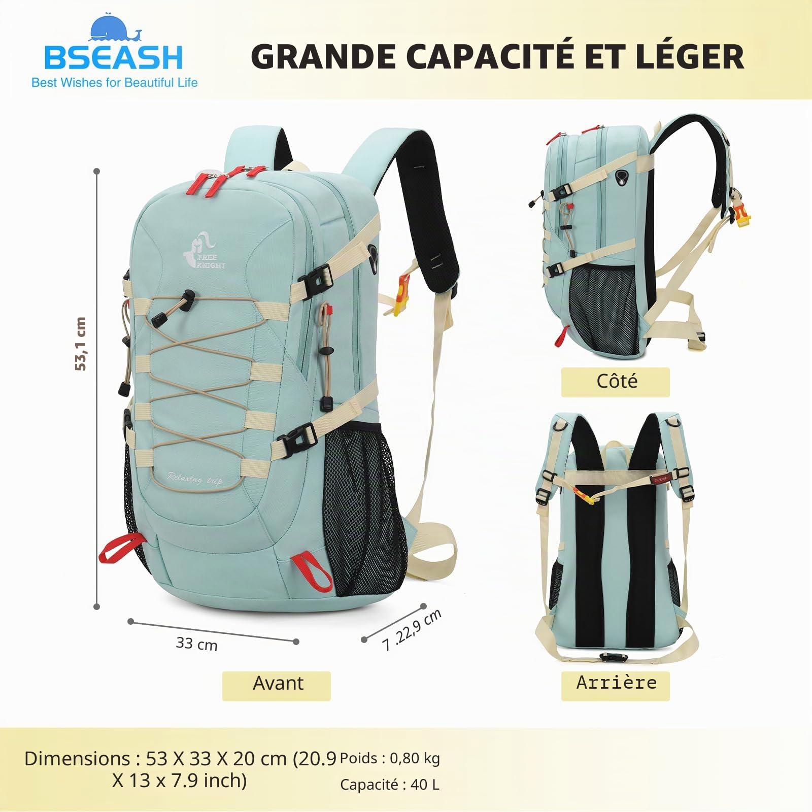Bseash Sac à dos de randonnée/de voyage léger et imperméable 40L avec housse de protection contre la pluie, pour le sport en extérieur, pour le camping, l'escalade, le ski et le cyclisme