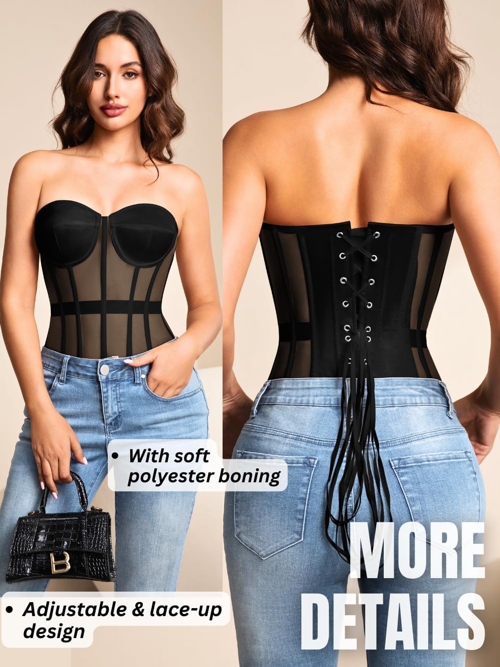 Kaei&Shi Sheer Mesh Overbust Corset,Sexy Strapless Lace Up Satin Bra Corsets Top For Women Shapewear - Image 3