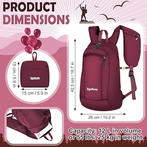 Miniatura 4 de Mochila de senderismo, mochila plegable de 12 litros, ligera y resistente al agua para senderismo, campamento y actividades al aire libre (rojo vino)