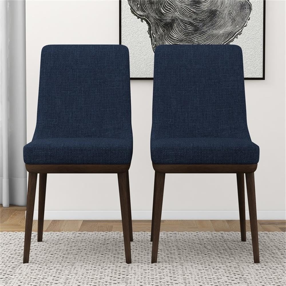 Pemberly Row Mid Century Modern Grayson Blue Upholstered Fabric Kitchen and Dining Chairs with Walnut Finish (Set of 2)